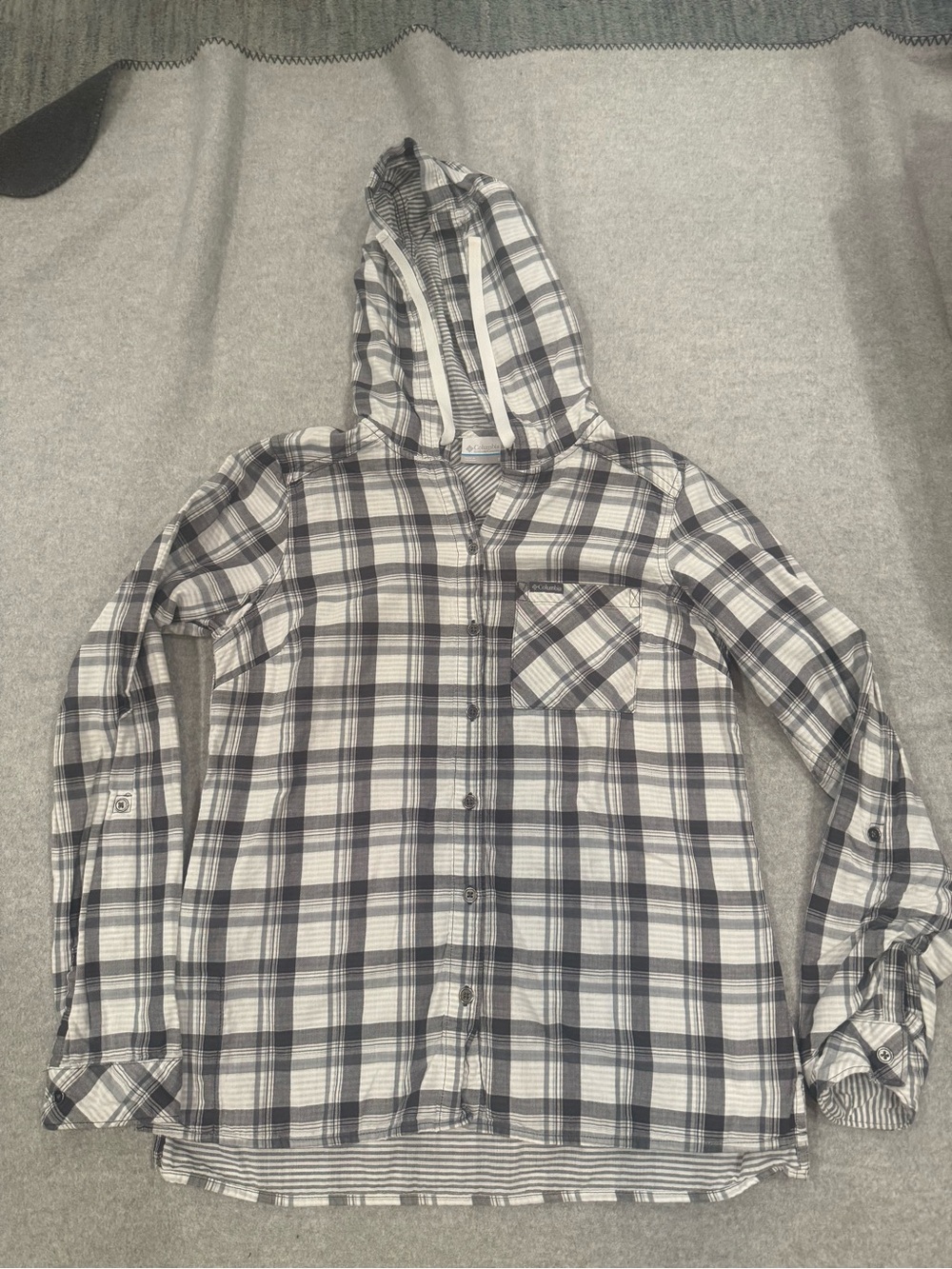 Wonens, Columbia, small-Plaid Hooded Button-Up Shirt - Gray & White